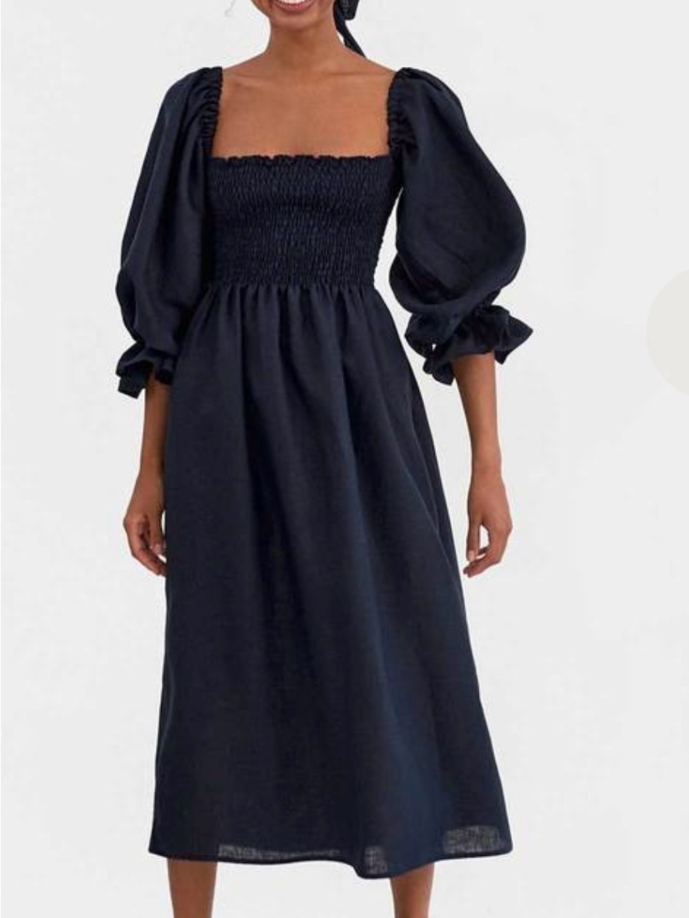 SLEEPER Navy Puff-Sleeve Smocked Midi Dress